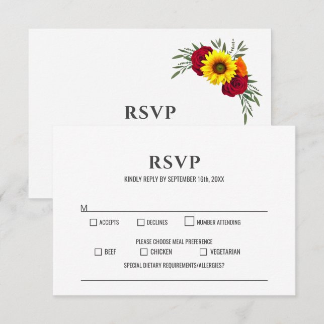 Sonnenblume Burgund Rose Wedding RSVP Karte (Vorne/Hinten)