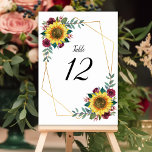 Sonnenblume Burgundy Bloral Geometric Wedding Tischnummer<br><div class="desc">Diese Hochzeitsfeier-Tischnummern zeichnen sich durch ein modernes Design mit Aquarellsonnenblumen, bordeauxroten Rose, Blattwerk und einem geometrischen Rahmen aus Imitaten aus. Vorder- und Rückseite der Karten haben das gleiche Design. Um zu bestellen, geben Sie Ihre Tischnummer ein und klicken Sie für jede Tischnummer auf "Zum Warenkorb hinzufügen". Diese Hochzeitskarten sind Teil...</div>