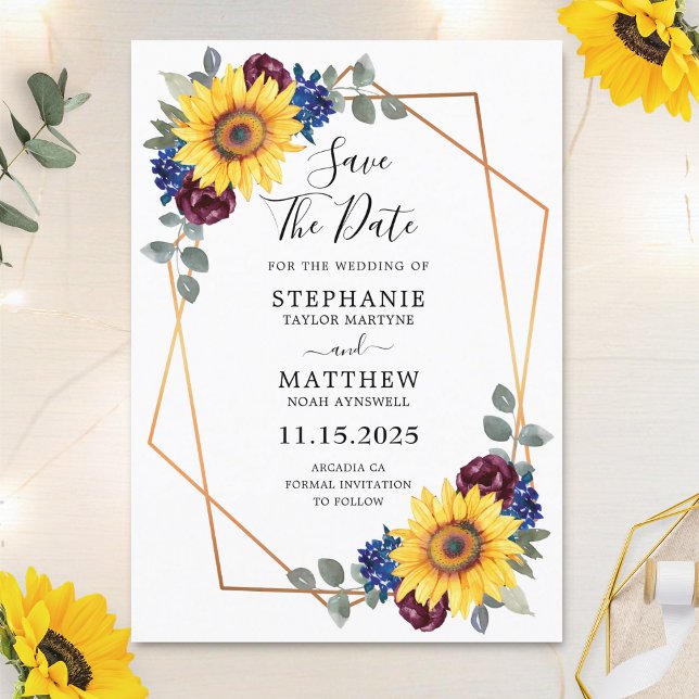 Sonnenblume Burgundy Navy Bloral Geometric Wedding Save The Date (Von Creator hochgeladen)