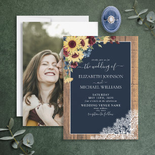 Sonnenblume Burgundy Navy Blue Wood Foto Hochzeit Einladung