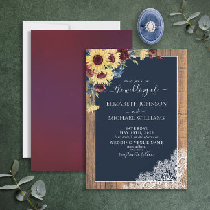 Sonnenblume Burgundy Navy Blue Wood Script Hochzei Einladung