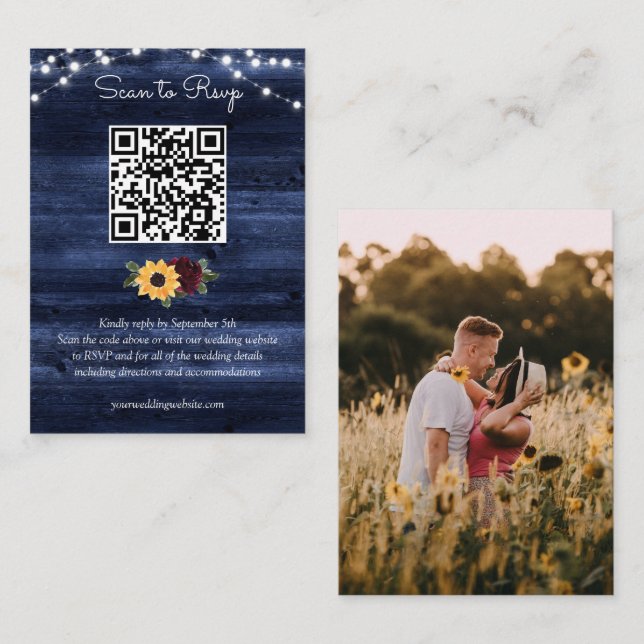 Sonnenblume Burgundy Navy Wood Wedding QR Code UAW Begleitkarte (Vorne/Hinten)