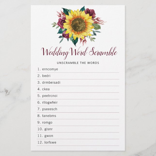 Sonnenblume Burgundy Rose Brautparty Word Game (Vorderseite)