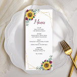 Sonnenblume Burgundy Rose Geometric Wedding Menükarte<br><div class="desc">Diese eleganten Hochzeitsmenüs sind in einem floralen Aquarell-Design mit Sonnenblumen bordeauxfarbenen Rose und Imitaten goldenen geometrischen Rahmen. Personalisieren Sie den Text mit Ihren Namen und Ihrem Menü. Auch passende Produkte sind erhältlich.</div>