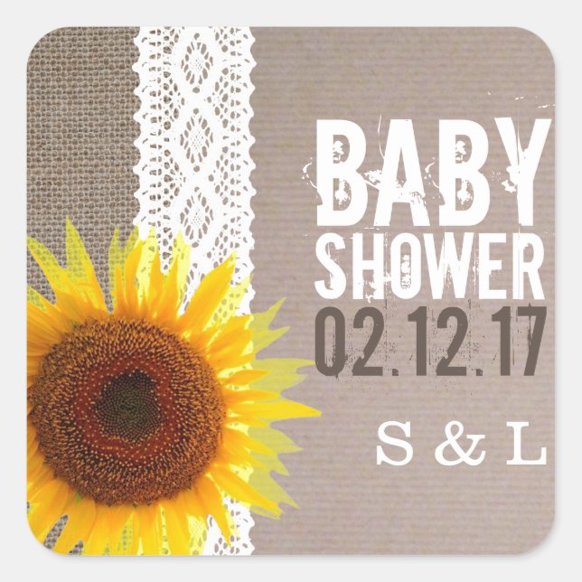 Sonnenblume Burlap & Crochet Lace Baby Dusche Quadratischer Aufkleber (Vorderseite)
