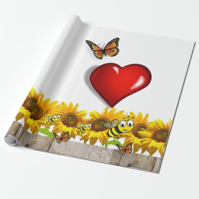 Sonnenblume Butterfly Bumblebee Matte Wrapping Pap Geschenkpapier (Ungerollt)