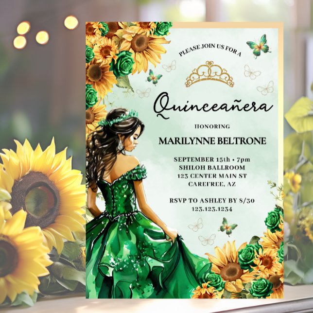 Sonnenblume Butterfly Grüne Prinzessin Quinceañera Einladung (Von Creator hochgeladen)