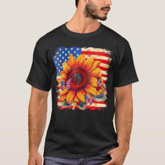 Sonnenblume Butterfly Usa Flag Amerika V-Neck T-Shirt