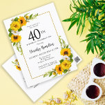 Sonnenblume Daisy 40. Geburtstagsfeier Party Einla Postkarte<br><div class="desc">Hübsche gelbe Sonnenblume Blüte 40. Geburtstagseinladung. Gelbe Pfannenbäume und weiße Molkereien vermischen sich mit den Sonnenblumen. Ein rechteckiger goldfarbener Rahmen verleiht ihm ein elegantes Ambiente. Sehr einfach zu anpassen. Die Rückseite hat einen Sonnenblumenstrauß. Das ist perfekt für ein Sommergeburtstag. Dieser Artikel ist Teil der Kollektion Gelbe Sonnenblume Weiße Daisy.</div>