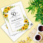 Sonnenblume Daisy 50. Geburtstagsparty Einladung Postkarte<br><div class="desc">Hübsche gelbe Sonnenblume Blüte 50. Geburtstagseinladung. Gelbe Pfannenbäume und weiße Molkereien vermischen sich mit den Sonnenblumen. Ein rechteckiger goldfarbener Rahmen verleiht ihm ein elegantes Ambiente. Sehr einfach zu anpassen. Die Rückseite hat einen Sonnenblumenstrauß. Das ist perfekt für ein Sommergeburtstag. Dieser Artikel ist Teil der Kollektion Gelbe Sonnenblume Weiße Daisy.</div>
