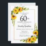 Sonnenblume Daisy 60. Geburtstag Überraschung Part Einladung<br><div class="desc">Hübsche gelbe Sonnenblume, 60. Geburtstagskarte. Gelbe Pfannenbäume und weiße Molkereien vermischen sich mit den Sonnenblumen. Ein rechteckiger goldfarbener Rahmen verleiht ihm ein elegantes Ambiente. Sehr einfach zu anpassen. Dieser Rücken ist weiß mit einem Sonnenblumenstrauß. Das ist perfekt für ein Sommergeburtstag. Dieser Artikel ist Party der Kollektion Gelbe Sonnenblumen und Weißes...</div>