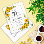 Sonnenblume Daisy 80. Geburtstagsparty Einladung Postkarte<br><div class="desc">Hübsche gelbe Sonnenblumenblume,  80. Geburtstagskarte. Gelbe Pfannenbäume und weiße Molkereien vermischen sich mit den Sonnenblumen. Ein rechteckiger goldfarbener Rahmen verleiht ihm ein elegantes Ambiente. Sehr einfach zu anpassen. Die Rückseite hat einen Sonnenblumenstrauß. Das ist perfekt für ein Sommergeburtstag. Dieser Artikel ist Teil der Kollektion Gelbe Sonnenblume Weiße Daisy.</div>