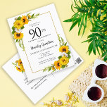 Sonnenblume Daisy 90. Geburtstagsparty Einladung Postkarte<br><div class="desc">Hübsche gelbe Sonnenblume Blumenkarte zum 90. Geburtstag. Gelbe Pfannenbäume und weiße Molkereien vermischen sich mit den Sonnenblumen. Ein rechteckiger goldfarbener Rahmen verleiht ihm ein elegantes Ambiente. Sehr einfach zu anpassen. Die Rückseite hat einen Sonnenblumenstrauß. Das ist perfekt für ein Sommergeburtstag. Dieser Artikel ist Teil der Kollektion Gelbe Sonnenblume Weiße Daisy....</div>
