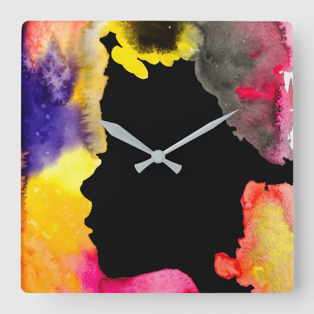 Sonnenblume Dame Silhouette Aquarellkunst Quadratische Wanduhr (Vorderseite)