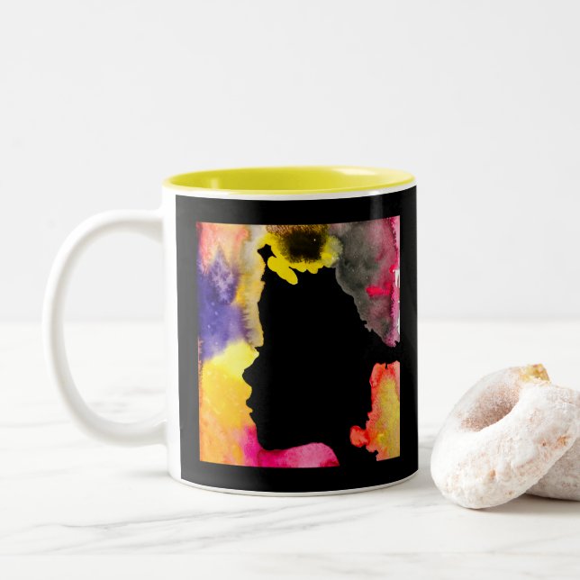 Sonnenblume Dame Silhouette Aquarellkunst Zweifarbige Tasse (Mit Donut)