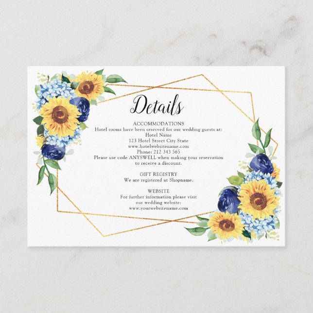 Sonnenblume Dusty Blue Geometric Wedding Details Begleitkarte (Vorderseite)