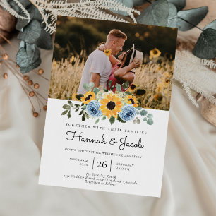 Sonnenblume Dusty Blue Rustic Foto Wedding Einladung