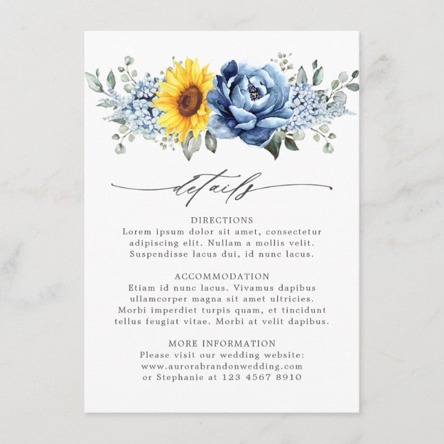 Sonnenblume Dusty Blue Slate Floral Hochzeit Detai Begleitkarte (Vorderseite)