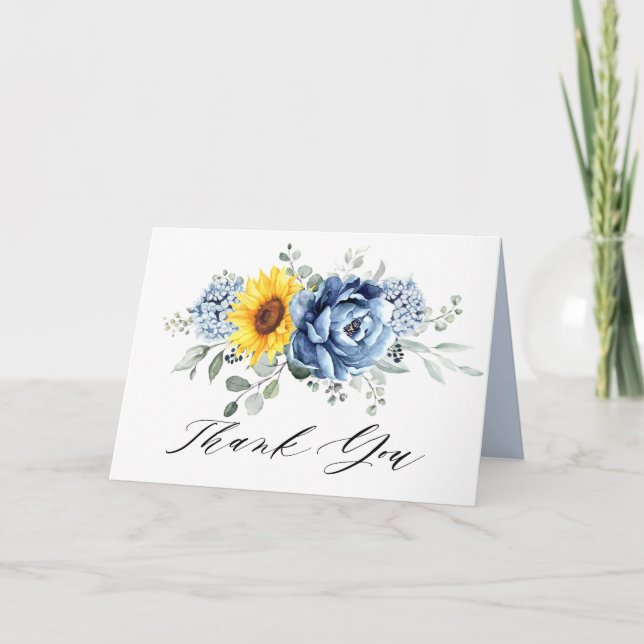 Sonnenblume Dusty Blue Slate Peony Floral Wedding Dankeskarte (Vorderseite)
