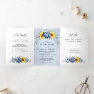 Sonnenblume Dusty Blue Slate Peony Floral Wedding  Dreifach Gefaltete Ankündigung