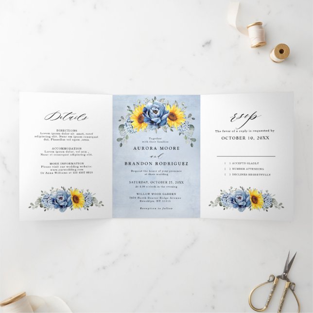 Sonnenblume Dusty Blue Slate Peony Floral Wedding  Dreifach Gefaltete Ankündigung (Innenseite)