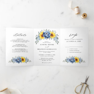 Sonnenblume Dusty Blue Slate Peony Floral Wedding Dreifach Gefaltete Ankündigung