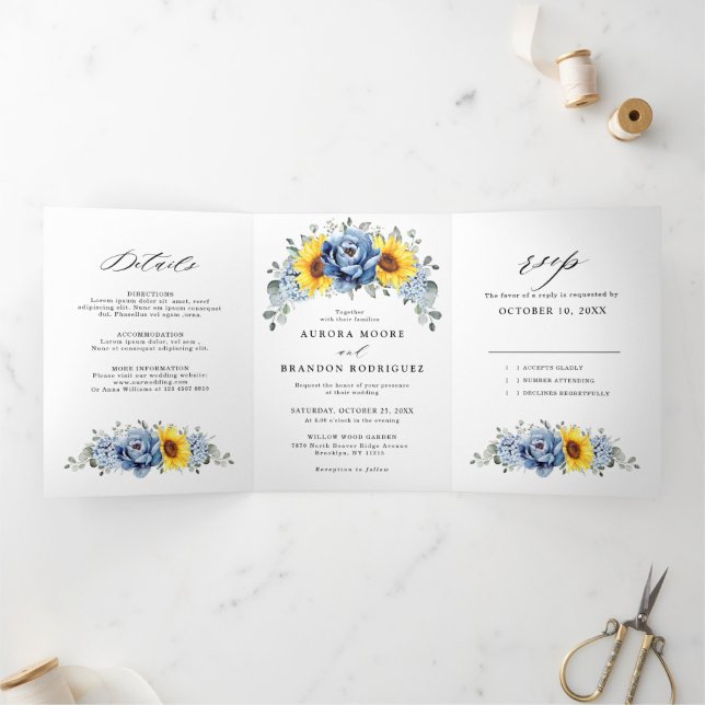 Sonnenblume Dusty Blue Slate Peony Floral Wedding Dreifach Gefaltete Ankündigung (Innenseite)