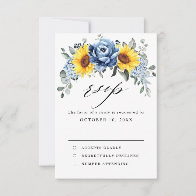 Sonnenblume Dusty Blue Slate Peony Floral Wedding RSVP Karte (Vorderseite)