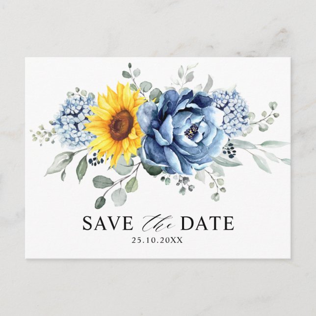 Sonnenblume Dusty Blue Slate Peony Save the Date Postkarte (Vorderseite)