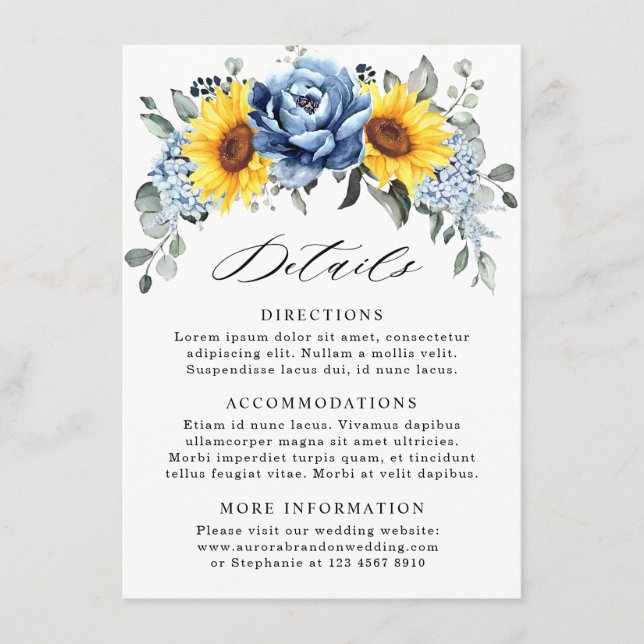 Sonnenblume Dusty Blue Slate Peony Wedding Details Begleitkarte (Vorderseite)