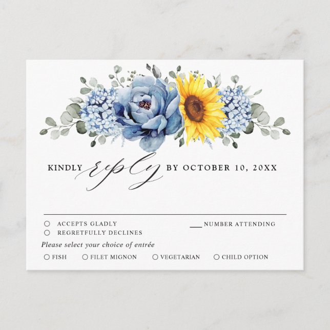Sonnenblume Dusty Blue Slate Peony Wedding RSVP Postkarte (Vorderseite)
