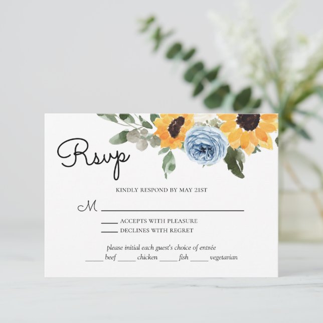 Sonnenblume Dusty Blue Wedding mit Mahlzeit RSVP Karte (Stehend Vorderseite)