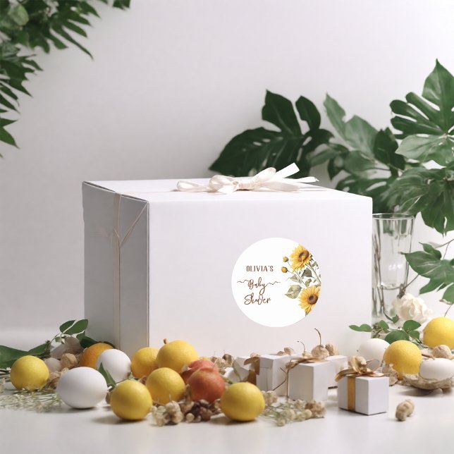 Sonnenblume Elegant Boho Floral Baby Dusche Runder Aufkleber (Von Creator hochgeladen)