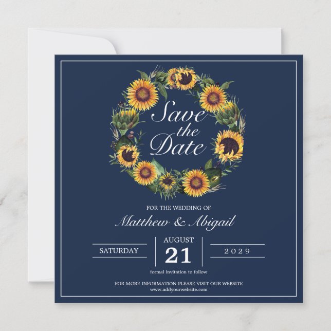 Sonnenblume Elegant Navy Blue Wedding Save The Date (Vorderseite)