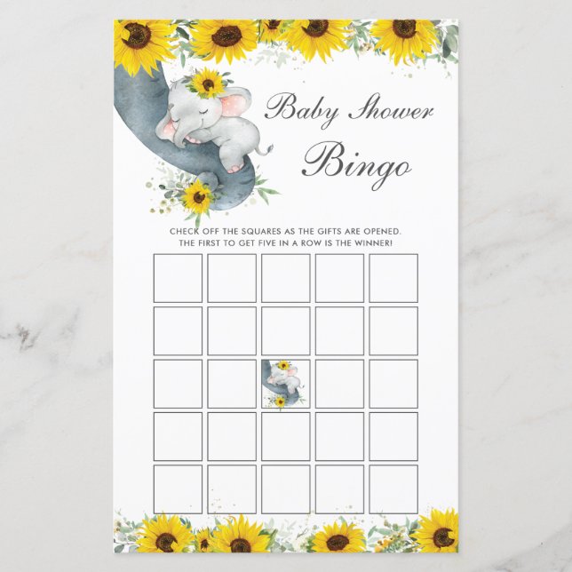 Sonnenblume Elephant Baby Dusche Bingo Spiel (Vorderseite)