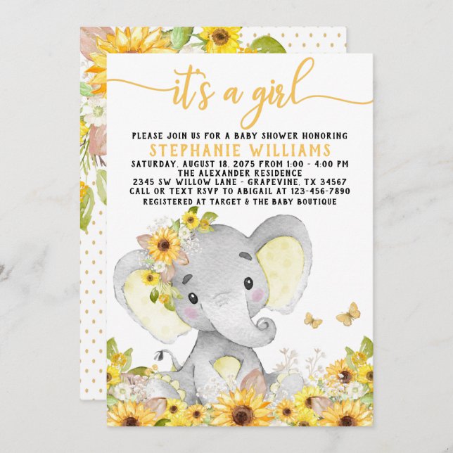 Sonnenblume Elephant Baby Dusche Einladung (Vorne/Hinten)