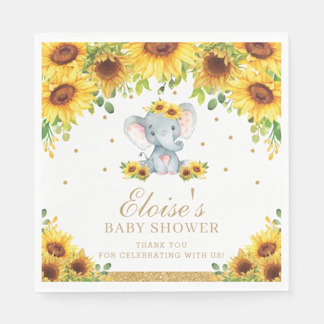 Sonnenblume Elephant Baby Dusche Geburtstagsparty Serviette (Vorderseite)