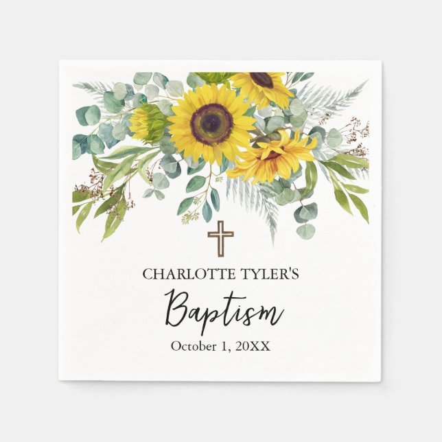 Sonnenblume & Eukalyptus Boho Kreuz Taufgeschenk Serviette (Vorderseite)