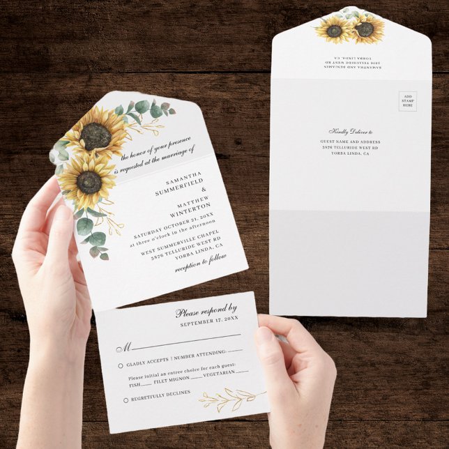 Sonnenblume Eukalyptus Botanische Hochzeit All In One Einladung (Sunflower Eucalyptus Greenery All in One Wedding Invitation)