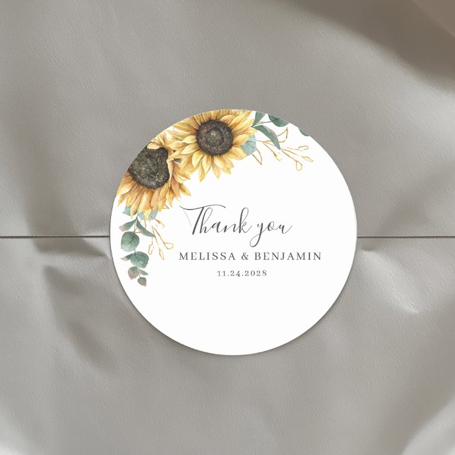 Sonnenblume Eukalyptus Floral Vielen Dank Runder Aufkleber (Floral Sunflower Eucalyptus Script Wedding Envelope Seals Round Sticker)