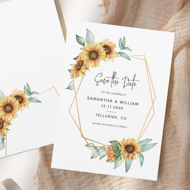 Sonnenblume Eukalyptus Geometric Save The Date (Sunflower Floral Eucalyptus Geometric Save The Date)