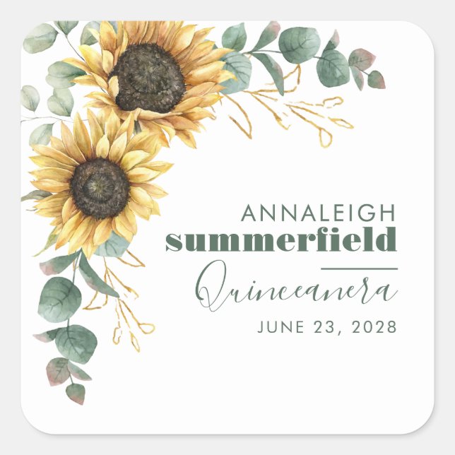 Sonnenblume Eukalyptus Quinceanera 15. Party Quadratischer Aufkleber (Vorderseite)
