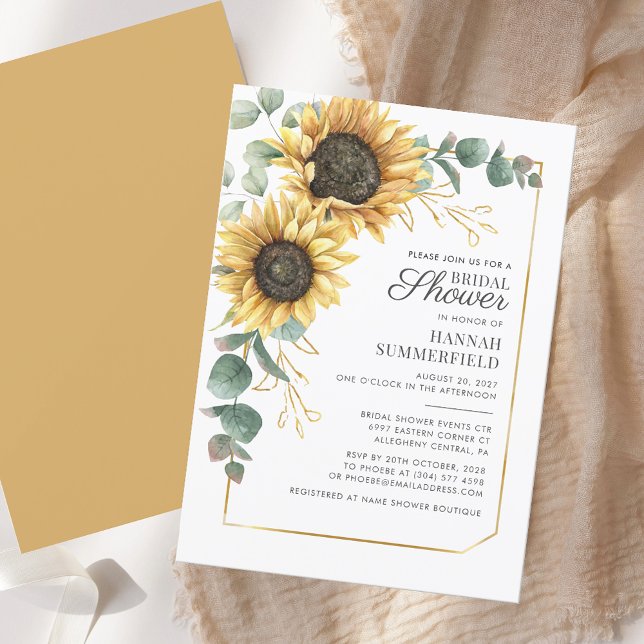 Sonnenblume Eukalyptus Script-Brautparty Einladung (Sunflower Floral Eucalyptus Script Bridal Shower Invitation)