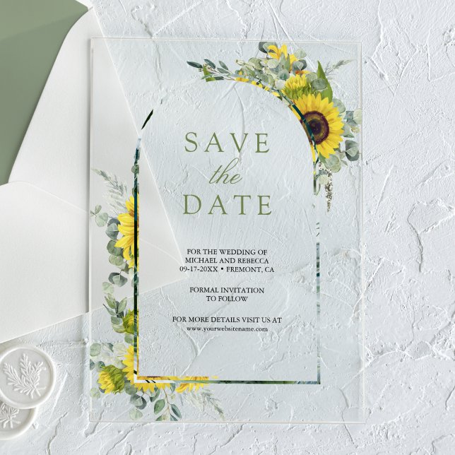 Sonnenblume Eukalyptus Wedding Save the Date Acryleinladungen (Von Creator hochgeladen)