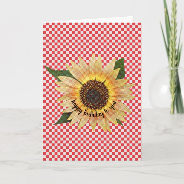 Sonnenblume Geburtstag von Rot-Weiß-Gingham Karte (Vorderseite)