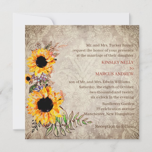 Sonnenblume Gelb Rustikale Hochzeit Einladung (Vorderseite)