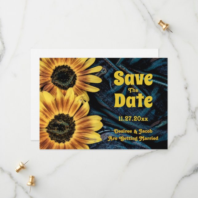 Sonnenblume Gelb Rustikaler Blauer Denim Save the  Date (Vorderseite/Rückseite Beispiel)