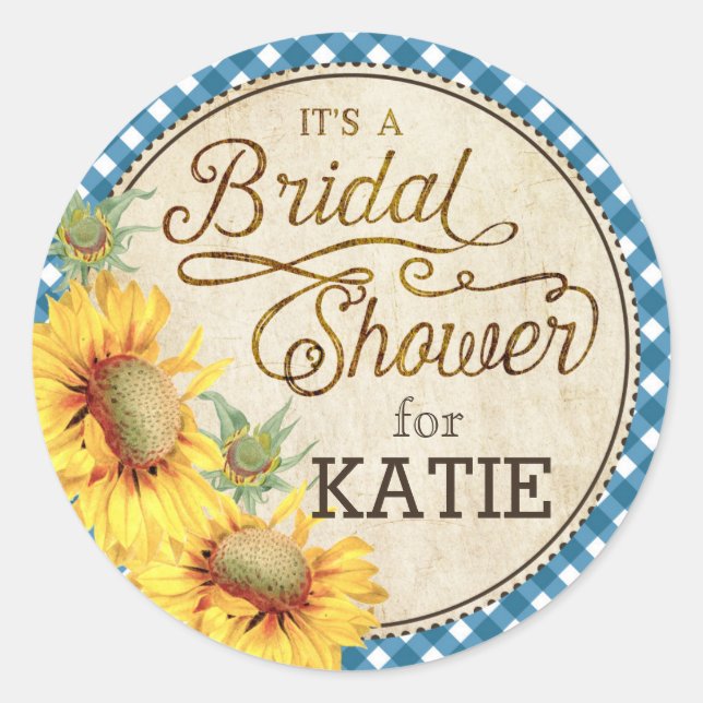Sonnenblume Gingham Karo Rustikales Brautparty Lab Runder Aufkleber (Vorderseite)
