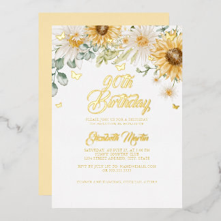 Sonnenblume Gold Butterfly 90. Geburtstagsparty Folieneinladung
