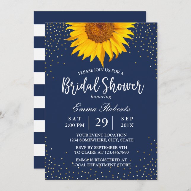 Sonnenblume Gold Confetti Navy Blue Brautparty Einladung (Vorne/Hinten)